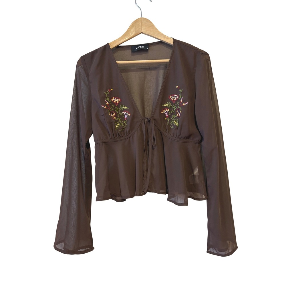 Cider Sheer Chiffon Top Sz S Brown Floral Embroidered Bow Bell Sleeve Whimsigoth